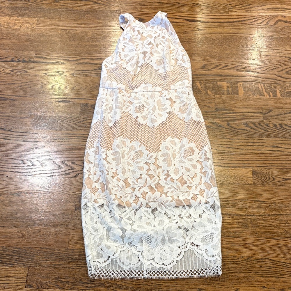 Intermix White Lace Overlay Nude Sheath Dress, P (xS)
